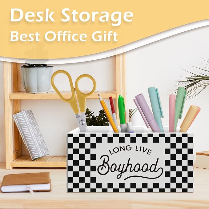 Long Live Boyhood Pen Pencil Holder, Checkered Desk Accessories, Black and White Checkered Wooden Pen Pencil Organizer for Boys Room Bedroom Playroom Office Desk Decor