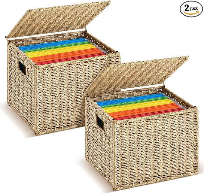 Jingmore 2 Pack Paper Rope File Box Organizers Collapsible Letter Size Filing Cabinet with Lid Woven Hanging File Basket Portable Decorative Document Storage Box for Office/Decor/Home (Letter Size)