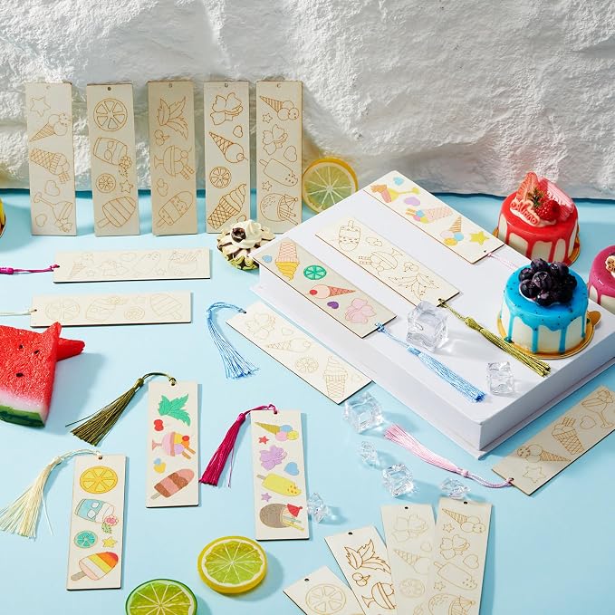 AmazingSpark 100 Pcs Ice Cream Wood Bookmarks Bulk DIY Crafts Kit, 50 Set Summer Blank Coloring Bookmarks with Tassel for Classroom Reward Gifts, End of Year Gifts, Summer Birthday Party Favor