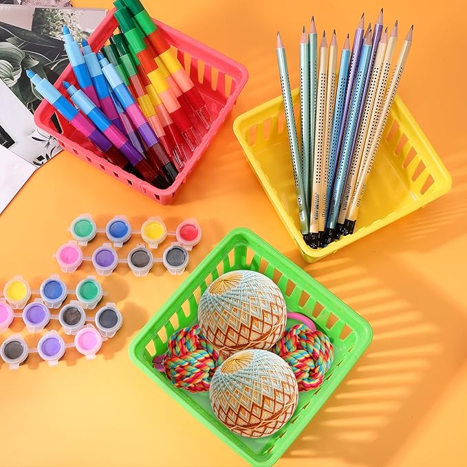12 Pack Classroom Storage Baskets,Colorful Classroom Storage Bins,Small Plastic Organizer Basket,Crayon Pencil Containers Organizer Bins for Desk,Home,Office(4.5" L x 4.5" W x 2.5" H)