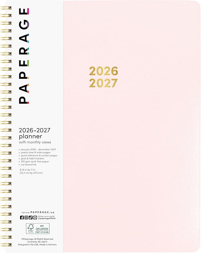 PAPERAGE 2 Year Monthly & Yearly Planner, 24 Months (January 2026 - December 2027), 8.5 in x 11 in, Spiral Bound 2026-2027 Planner with Monthly & Yearly Views, Note Pages & Trackers - Blush