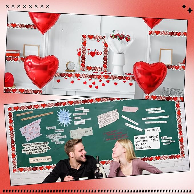 Dispowreath 68.9 Feet Valentine‘s Day Bulletin Board Border Decoration Heart Shaped Bulletin Board Trim Red Pink Love Heart Border Roll for Party Classroom Chalkboard Wall Decor (Classic Style)