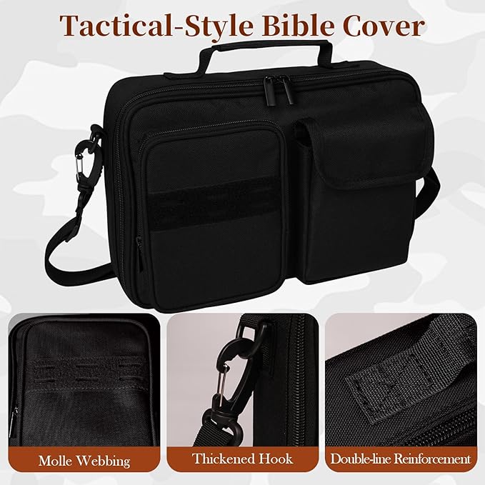 Tactical Bible Cover for Men, Bible Carrying Case with Multiple Pockets & Top Handle & Shoulder Strap & MOLLE System, Bible Bag for Church, Study, Travel, Bible Protector and Christian Gift (Black)