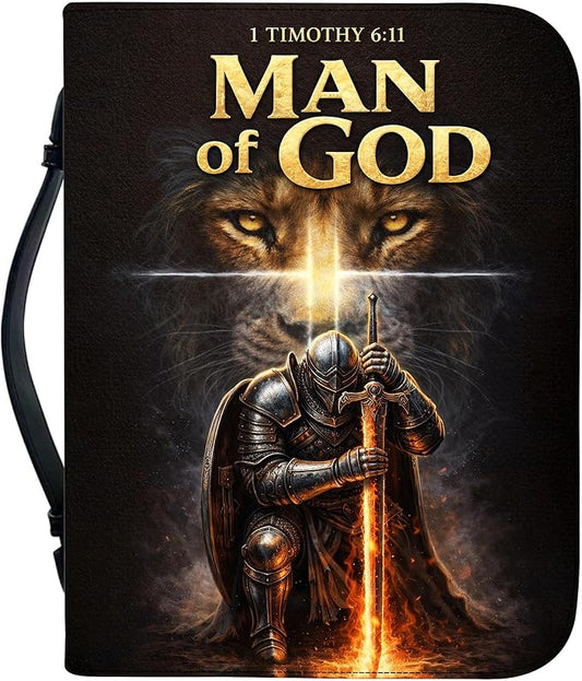 Personalized Man of God Bible Cover for Men, Christian PU Leather Bible Case with Handle Zipper, God Says I Am Warrior Scripture Bible Holder, Religious Gift for Men (Man of God)