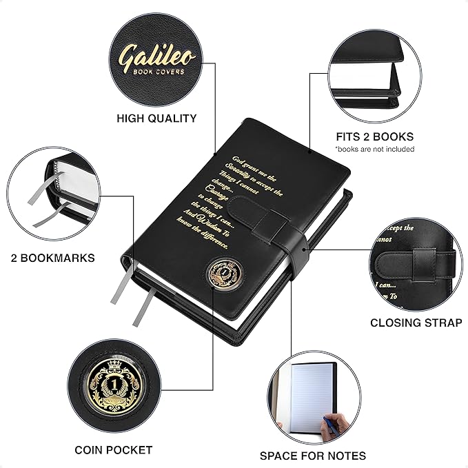 GALILEO® Double AA Big Book Cover & 12 Steps & 12 Traditions | AA Gift | Alcoholics Anonymous | PU Leather | Coin Holder | AA Book Covers for Hardcover (Serenity Prayer/Coin Pocket/Black)