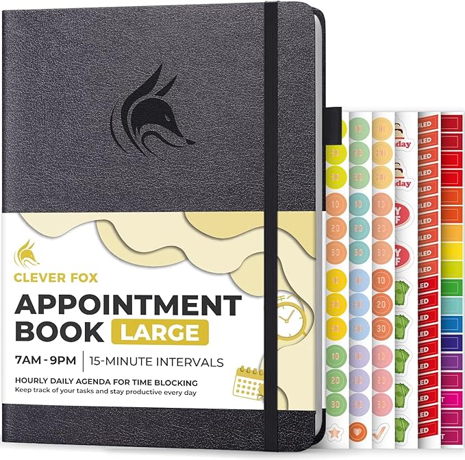 Clever Fox Appointment Book – Hourly Schedule Planner with 15-Minute Increments – Time Box Planner for Daily Work & To-Dos – Weekly & Monthly Spreads, Undated, Hardcover, 8.3x11″ (Silver Black)