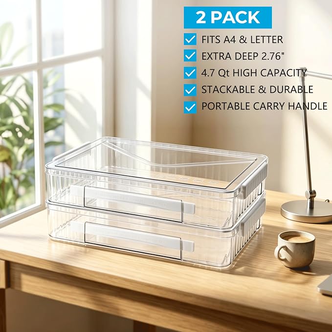 Board Game Storage & Puzzle Case 2 Pack,Extra Deep Storage Box with Lid,Stackable Storage Containers for A4 & Letter Paper,Clear Plastic Box with Latch for Crafts,Documents and Art Supplies