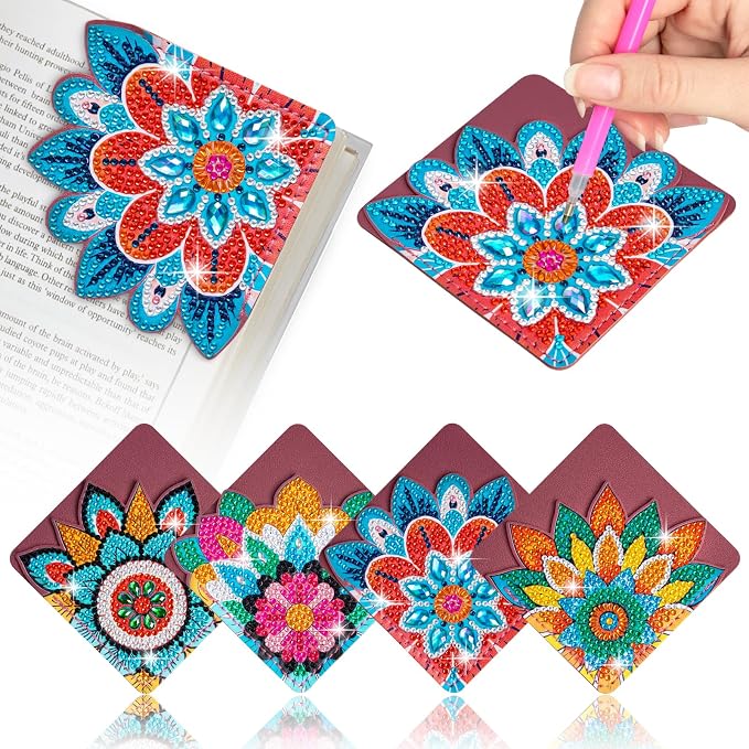 WIVICO 4 pcs Diamond Painting Bookmarks, DIY Diamond Art Kits for Adults, Book Corner - Protecting Bookmark Craft Supplies Kits for Book Lovers(Mandala B)
