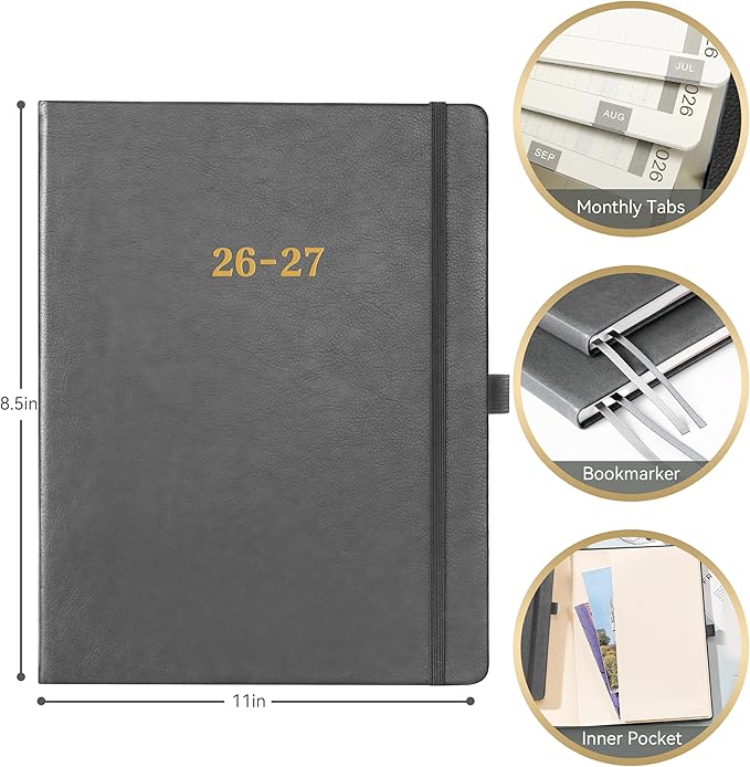 2026-2027 Planner - Weekly and Monthly Planner 2026-2027, Jul. 2026 - Jun. 2027, 9" x 11", 26-27 Calendar Planner with Inner Pocket + Elastic Closure + Pen Loop + Bookmarks, Leather Hardcover - Grey