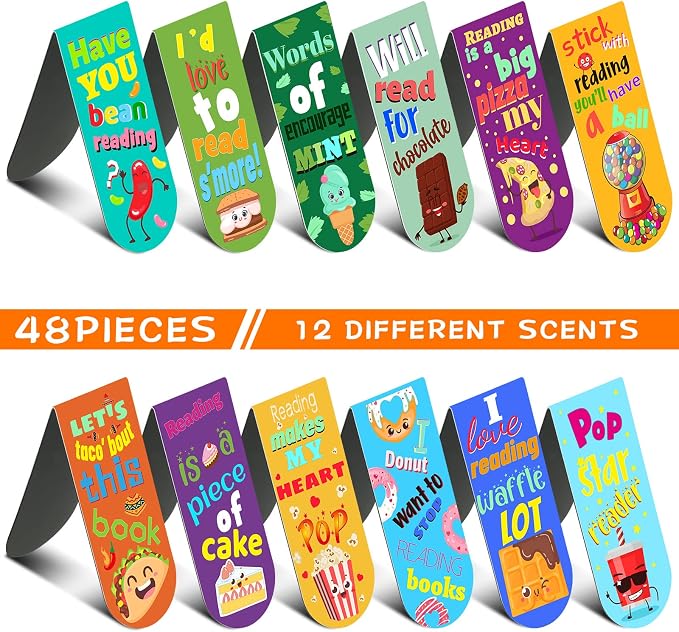 48 Pack Scented Bookmarks Magnetic Scratch and Sniff Fruit Food Bookmarks for Kids Cute Page Markers with Sayings for Kids Students Teens Teachers (Food Flavor)