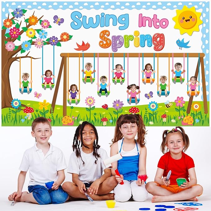 70Pcs Spring Bulletin Board Classroom Decorations Swing into Spring DIY Photo Cutouts Decoration Swing Flowers Butterflies Birds Trees Paper Cutouts for Classroom Office Chalkboard Wall Door Decor