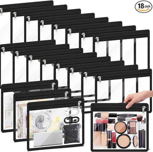 Ireer 18 Pcs Clear Zipper Pouches PVC Waterproof Pouch Bags Transparent Zipper Pouch Storage Bags Multipurpose for Organizing Travel Cosmetics Document File (Black,13 x 10.4 Inch)