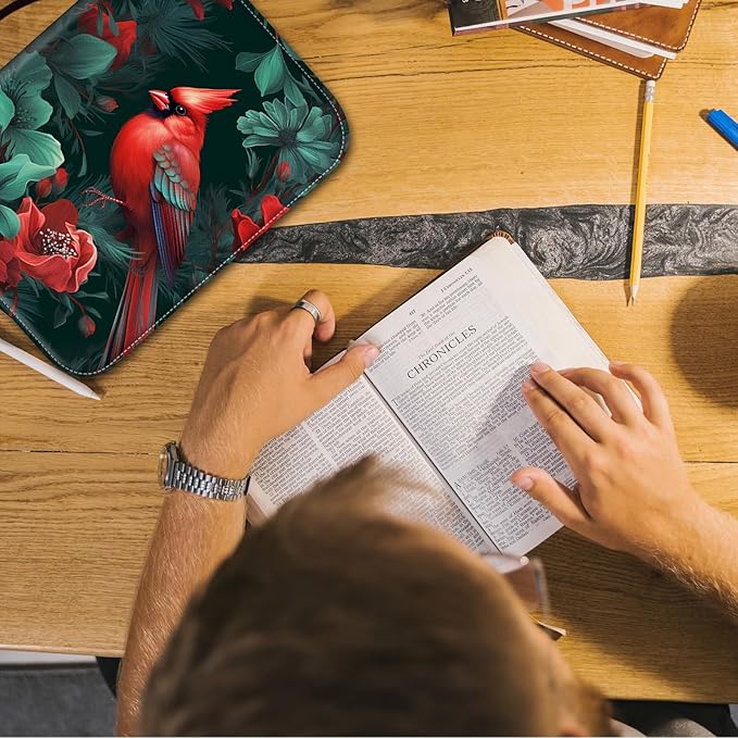 Bible Cover for Men Women,Large Leather Bible Case Fit Book Up to 11x8x2 Inch,Cardinal Red Bird on Tree Bible Covers Bible Study Carrier Church Bags w/Handle & Zipper