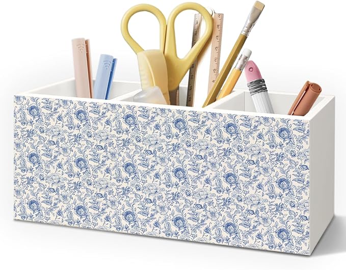 Chinoiserie Floarl Pen Holder Desk Accessories, Chinoiserie Blue and White Floral Makeup Brush Toothbrush Holder Organizer for Home Office Desk Bathroom
