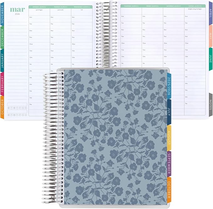 7x9 Coiled Life Planner (January 2026 - December 2026) - Bouquet Wallpaper (blue) classic cover, hourly layout, Hexagon theme, platinum coil