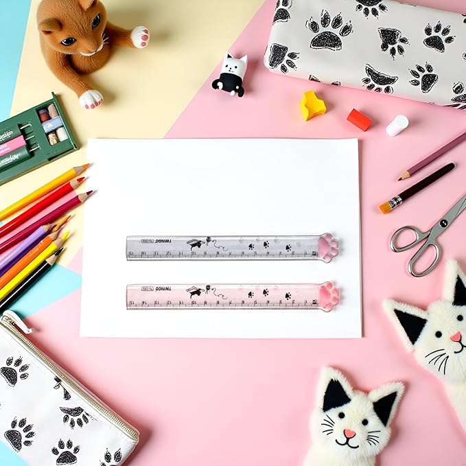 2 Pieces (15 cm) Cute Cat's Paw Straighter Ruler, Plastic Clear Student Ruler, for DIY Drawing/Line Drawing/Measuring/School/Home/Office Supplies, Children's Gifts Drafting Tools and Drafting Kits