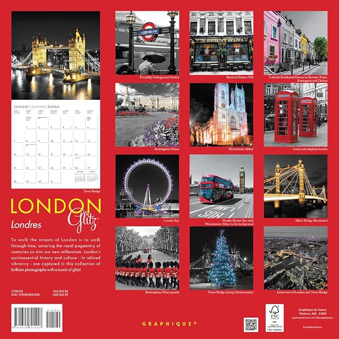 Graphique 2024 London Glitz Wall Calendar | 12” x 12” | Thick Paper | Home & Office Organizer | Large Monthly Grid | 3 Languages & Marked Holidays | 4 Month Preview Page for 2025
