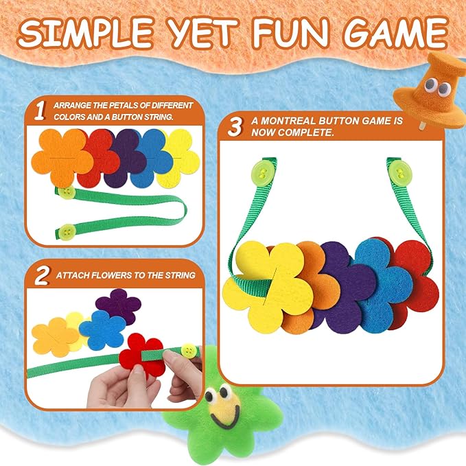 Tegeme 12 Sets Felt Buttoning Game Felt Craft Flower Buttoning Practice for Kids Montessori Practical Craft for Fine Motor Skills, Preschool Curriculum, Primary and Secondary Colors, Rainbow Activity