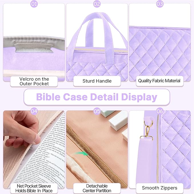 PUGPIU Bible Cover Case for Women, Large Quilted Bible Bag with Shoulder Strap and Handle, Bible Study Supplies Journaling Kit with Highlighters Pens No Bleed Tabs Notebook Cross Clips (Light Purple)