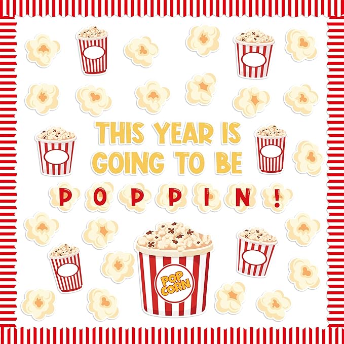 134Pcs Back to School Popcorn Bulletin Board Classroom Decoration Cute Popcorn Boxes Cutouts Name Tags Boarder Trim Back to School Popping Party Classroom Chalkboard Wall Door Decor Supplies