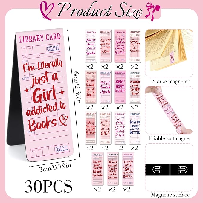 Vintage Magnetic Bookmarks Gifts - 30 Pcs Pink Library Card Bookmark for Women Girls Book Lovers Students Birthday Graduation Gift Quote Magnet Page Clips School Office Reading Accessories