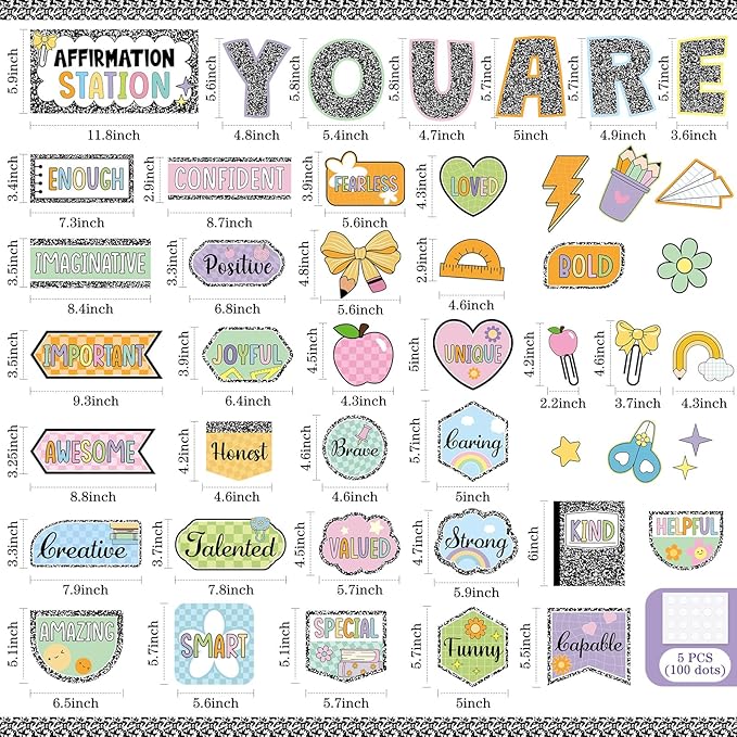 45pcs Composition Affirmation Station Bulletin Board Set Motivational Posters Classroom Mirror Growth Mindset Decor Positive Affirmations Accents Cutouts for School Office Home Teacher Wall