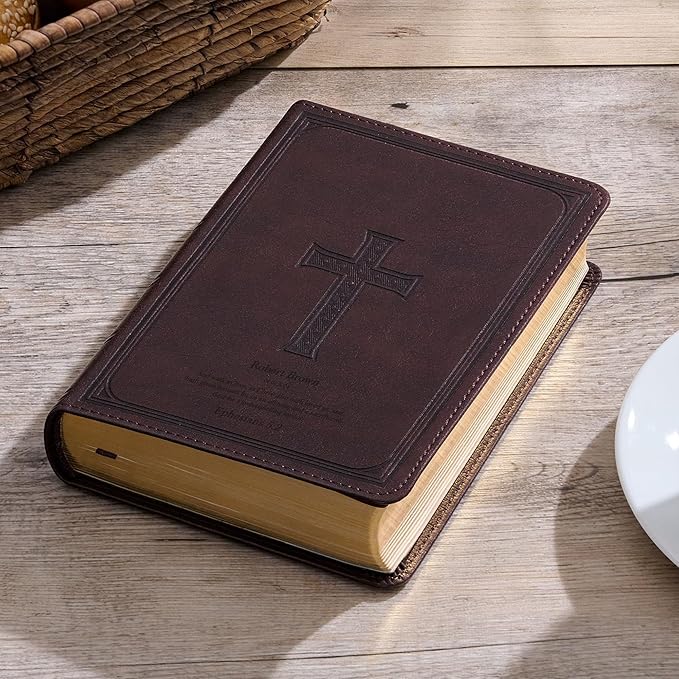 Personalized Compact Large Print KJV Holy Bible with Custom Name Includes Up to 3 Rows of Text with Red-Highlighted Verses, Custom Gift for Christian & Religious Celebrations | Dark Brown