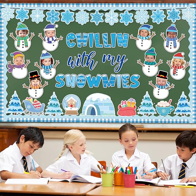 Winter Bulletin Board Decoration Set Christmas Snowman Classroom Decoration Chillin with My Snowmies DIY Photo Bulletin Board Tree Snowflake Cutouts for Holiday Party School Home Chalkboard Wall Decor