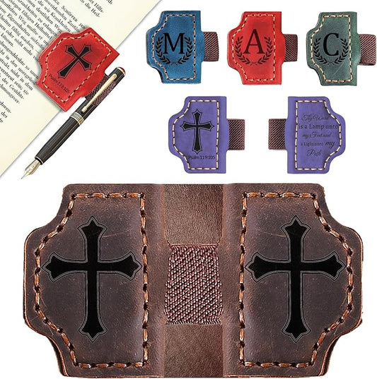 Custom Magnetic Bookmarks with Pen Holder, Personalized 26 Letters Name Initial Leather Bookmark, Leather Book Mark for Men Women Teachers, Readers Book Lovers Gifts (Coffee, Cross)
