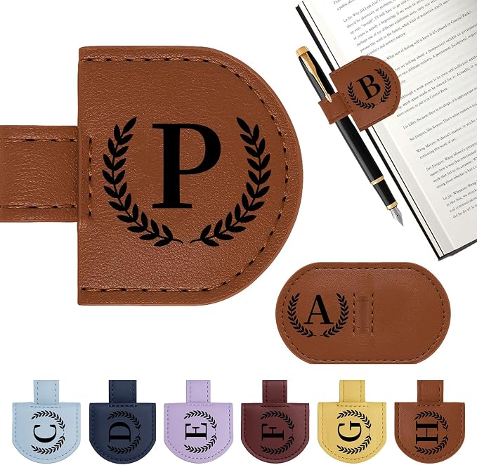 Personalized Magnetic Bookmark Pen Holder, Leather Book Marks for Reading Women& Men, Engraving 26 Letters Name Initial Bookmarks with Pencil Pen Holder, Gift for Book Lovers, Readers (Brown, P)