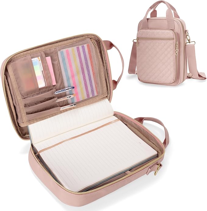 Teamoy Journal Supplies Storage Case, Journal Supplies Holder with Pen Slots, Travel Organizer Holder for B5 Notebooks, Planner, Pens, Journal Supplies and Accessories, Pink Quilted