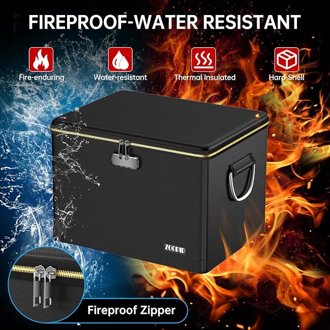 Fireproof Document Box,Hard Case File Organizer with Fireproof Zipper&Threads,Non-Foldable Filing Cabinet with Lock, Portable Office Safe Box Storage for Hanging Letter Folder,Valuables,Black