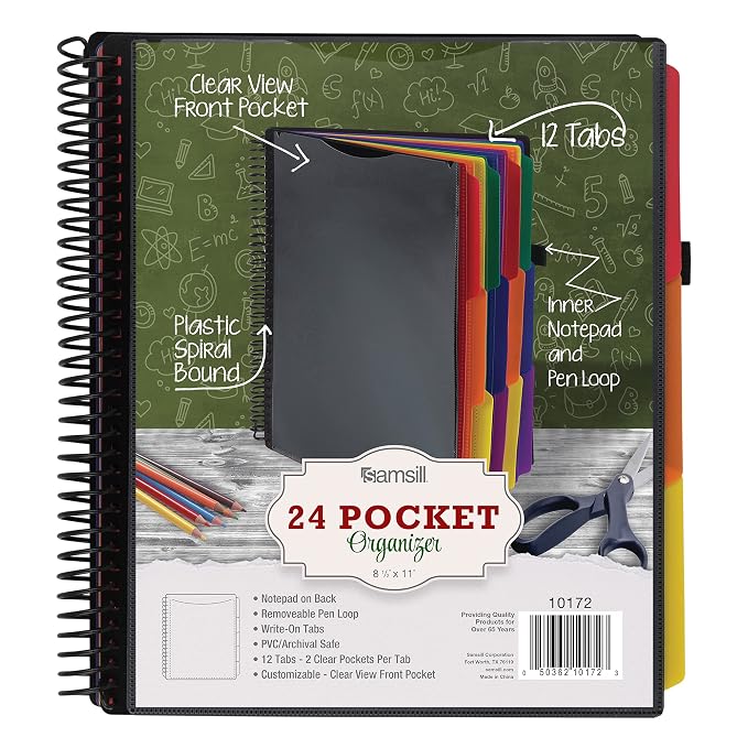 Samsill Spiral Folder Organizer - 12 Dividers & 24 Pockets with Notepad Holder, Multi Pocket Color Cordinated Folder Binder with Customizable Tabs, Document Organizer (Basic)