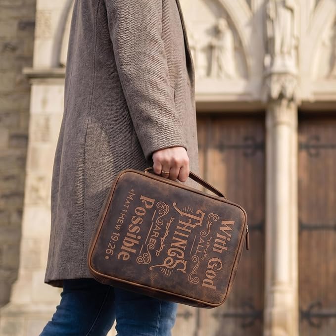 LEATHER VILLAGE Handmade Vintage Genuine Leather Embossed Bible Cover for Men & Women, Large Protective Bible Case & Organizer for Church, Travel & Study Christian Religious Antique Bookmark - Brown