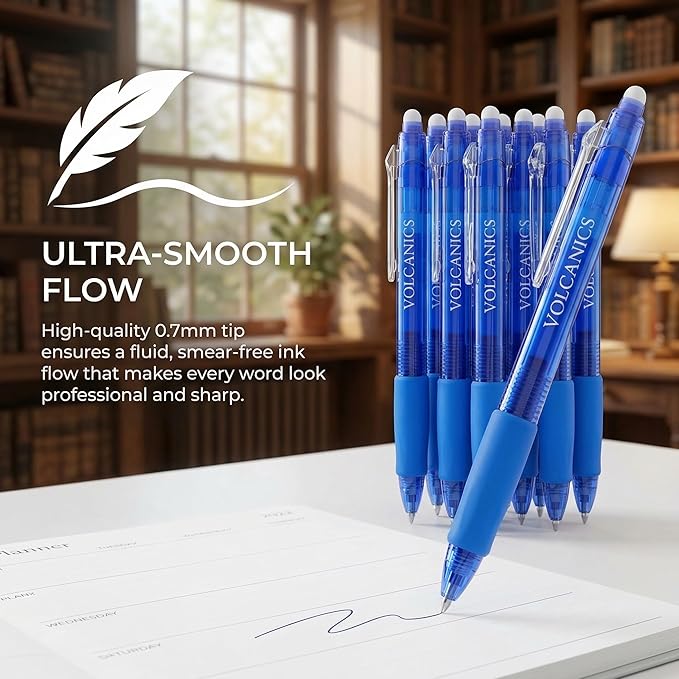 Volcanics Retractable Clicker Erasable Gel Pens - 0.7mm Ball Point, Heat Erase with Built-in Eraser, 12 Pack Blue