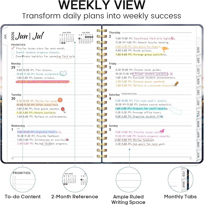 Academic Planner 2026-2027, Weekly and Monthly Calendar Book, July 2026 – June 2027, Hardcover Planner with Tabs, Perfect for Teachers, Students, Women & Men, A4 (8.5" x 11") - Abstract