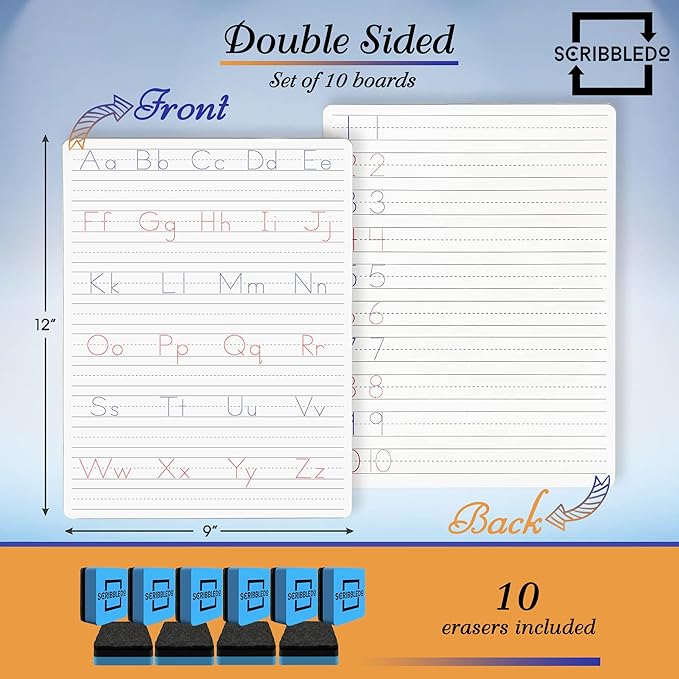 Scribbledo 10 Pack Dry Erase Handwriting Practice for Kids 9 x 12 Inch Letter Alphabet Tracing Board Whiteboard for Kids Ages 3-5 Write and Wipe Alphabet Practice Cards Letters & Erasers
