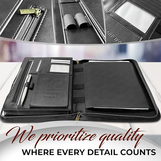 DEHITE Leather Portfolio for Men – Padfolio Case for Men and Women – Black Bible Notebook Organizer – Pen Slots – Zipper Binder – Premium PU Leather – Feels Like Full-Grain – Office Gift Accessories