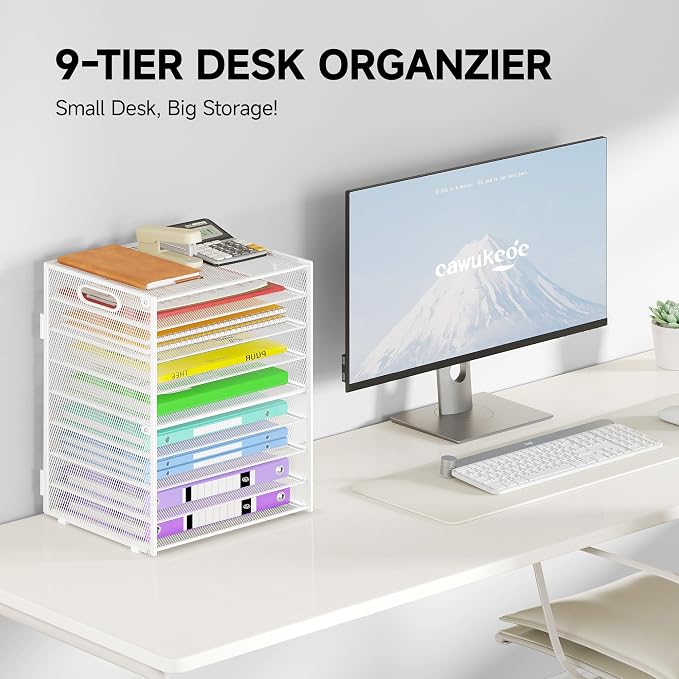 Cawukege 9 Tier Paper Organizer with Handle, White Large Capacity Desk Organizer Mesh File Folder Letter Paper Tray Desktop Document Sorter for Classroom, School, and Office Accessories Organization