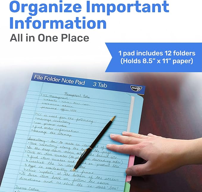 Find It File Folder Notepad - Pack of 72-9.5 x 12.5 Inch Notebook Organizer Folders for Filing, Document, and Clipboard Organization - Assorted Colors