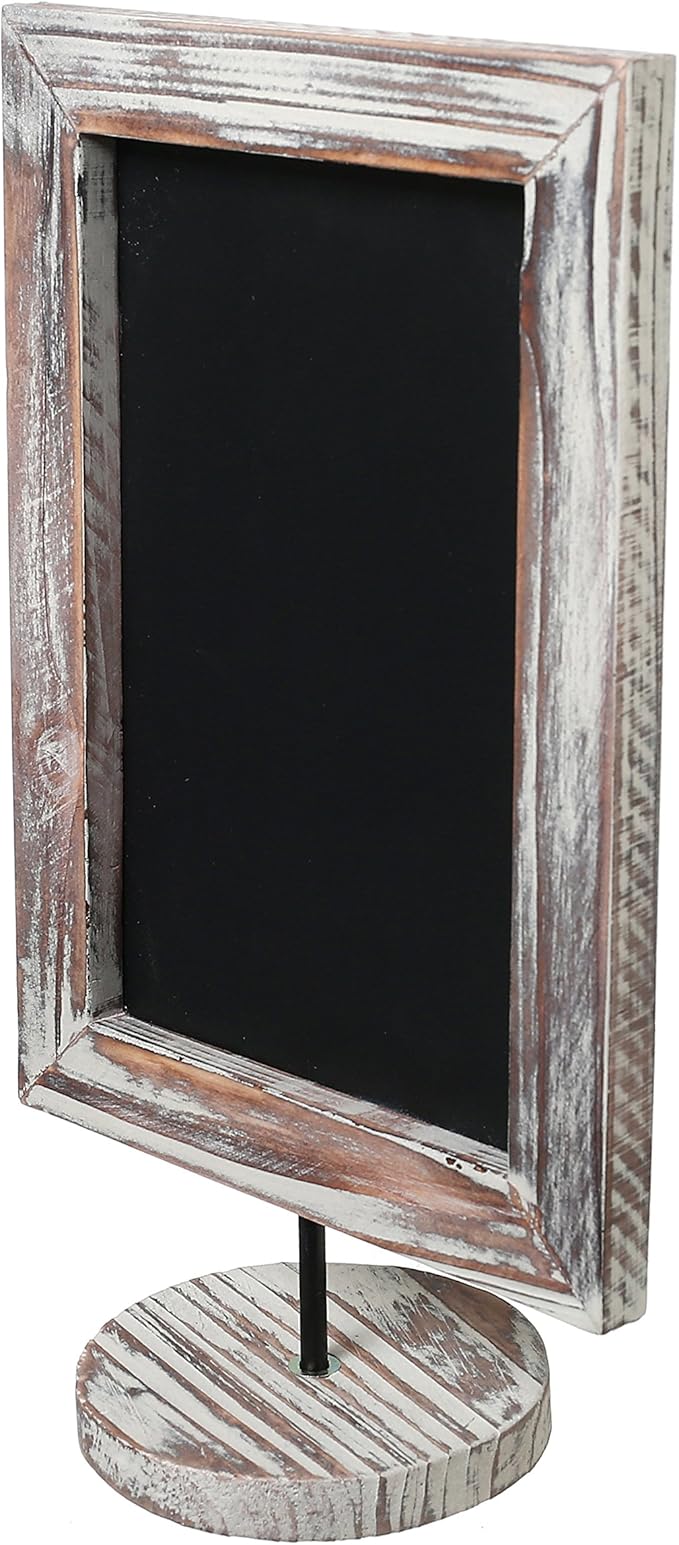 MyGift Set of 2, 12 Inch Chalkboard Sign with Torched Wood Rectangular Frame and Round Base, Rustic Wedding Table Place Card Signage, Small Kitchen Countertop Memo Board