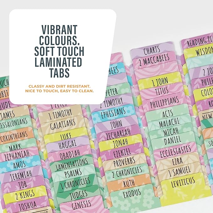OFFILICIOUS Kawaii Bible Book Tabs – 100 Soft-Touch, Laminated Protestant & Catholic Bible Tabs – Bible Accessories – Durable Tabs for Bible – Bible Tabs Large Print – Pink Bible Tabs for Women