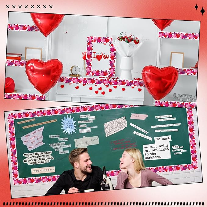 Dispowreath 68.9 Feet Valentine‘s Day Bulletin Board Border Decoration Heart Shaped Bulletin Board Trim Red Pink Love Heart Border Roll for Party Classroom Chalkboard Wall Decor