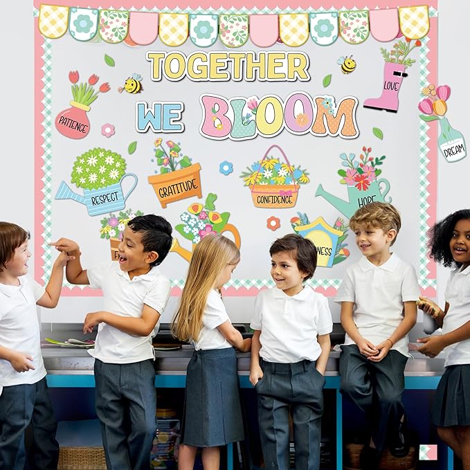 Spring Bulletin Board Decoration Flower Together We Bloom Positive Classroom Decorations Floral Bulletin Board Colorful Wildflower Bee Cutouts for Nursery Chalkboard Window Wall Door Home Office Decor