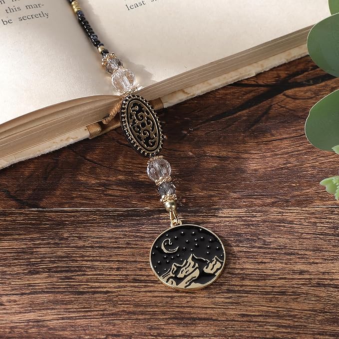 Crystal Moon Beaded Bookmark - Glass Seed Beads Fantasy Bookmark Gift for Women & Men, Black Chain Bookish Accessory for Readers and Book Lovers Students Teacher
