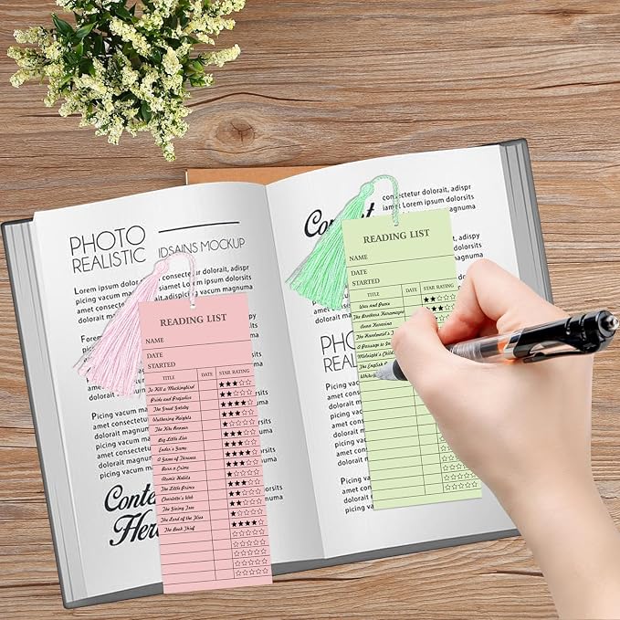 50 Pcs 5 Color Reading List Bookmarks with 10 Bookmark Tassels 3x8 Inch Bulk Reading Log Book Tracker Bookmarks for Book Lovers, Students, Teachers (Pastel)