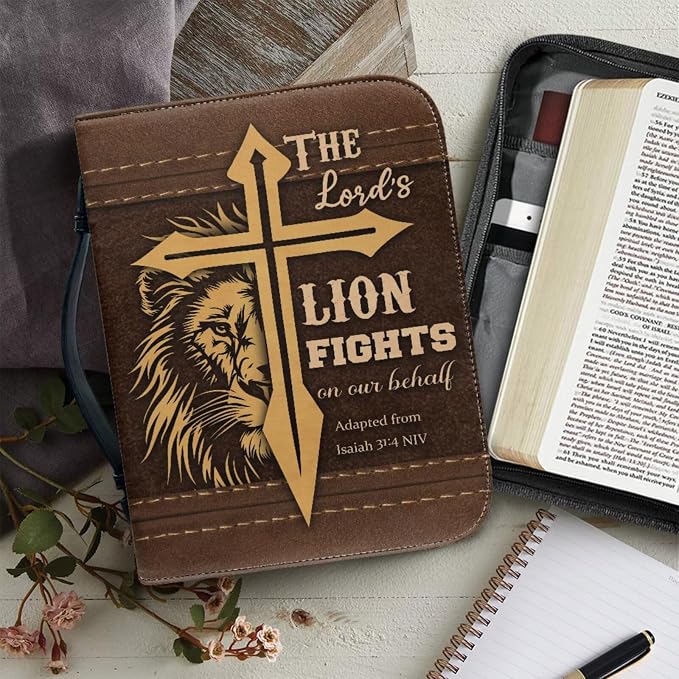 Retro Religious Thorns and Cross Bible Case with Bookmark Waterproof Bible Cover Case for Women Lightweight Bible Bag with Handle Pockets Church Book Bag Brown