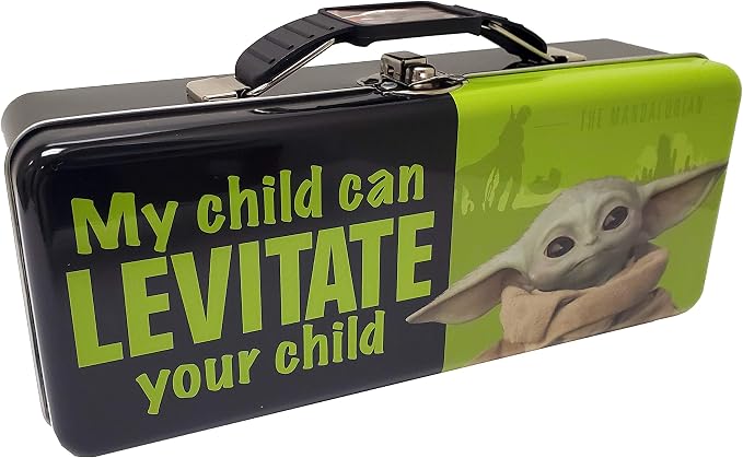 The Tin Box Company "The Child/Grogu Pencil Box, Model Number: 349407-12. Great for holding all sorts of school supplies. Made of tin plate steel. Fits great in backpacks and desksl