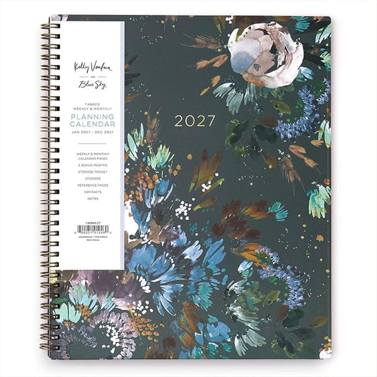 Blue Sky Kelly Ventura 2026 Weekly and Monthly Planner Calendar, January 2026 - December 2026, 8.5" x 11", Flexible Cover, Laminated Tabs, Durable Twin Wire Binding, Storage Pocket, Includes Sticker Sheet, Midnight Garden