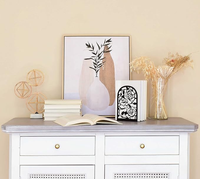 CNK Premium BookEnds - Heavy Duty Metal Book Stoppers for Home Office, Decorative Book Shelf Holders (Rose Black)